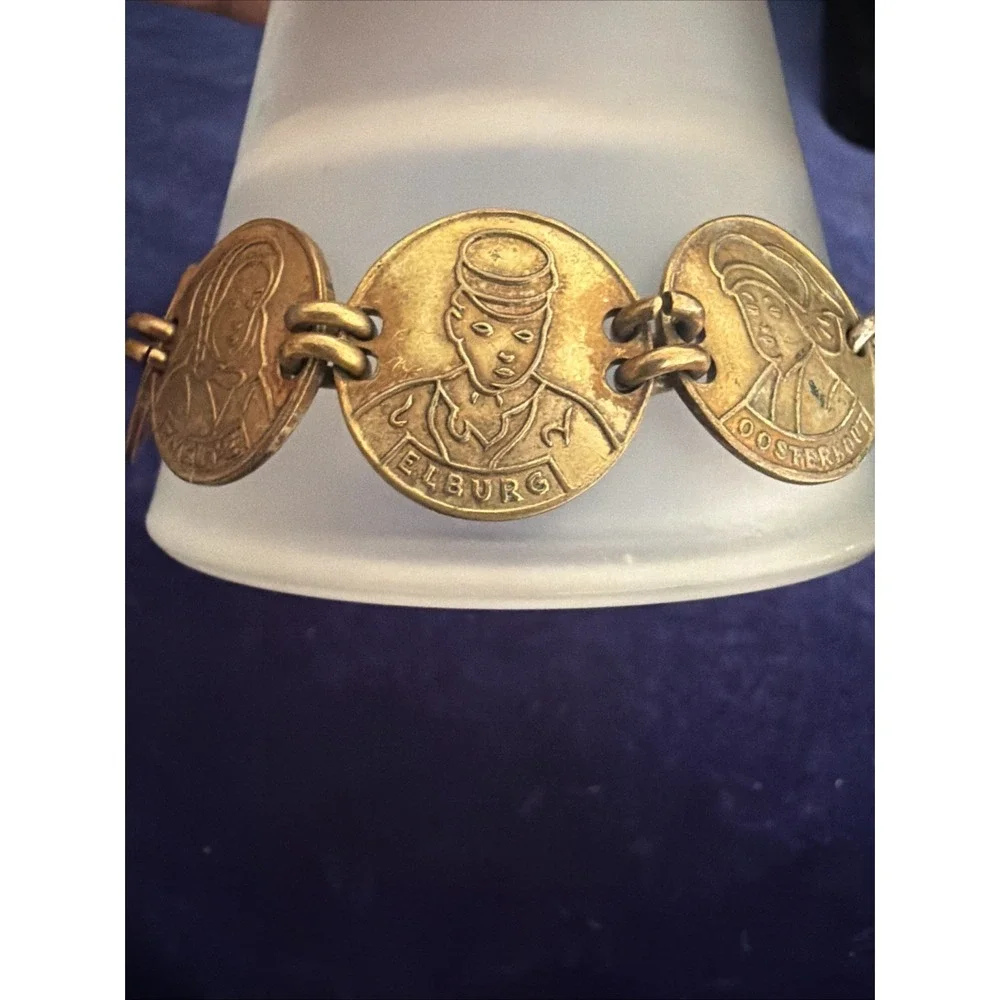 Vintage Dutch Folk Attire Coin Link  Bracelet Gold Tone Copper Friesland 7